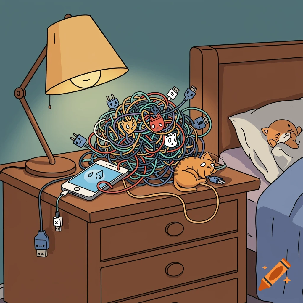 Cartoon of tangled cables with faces, a phone, lamp, and sleeping cats on a nightstand.