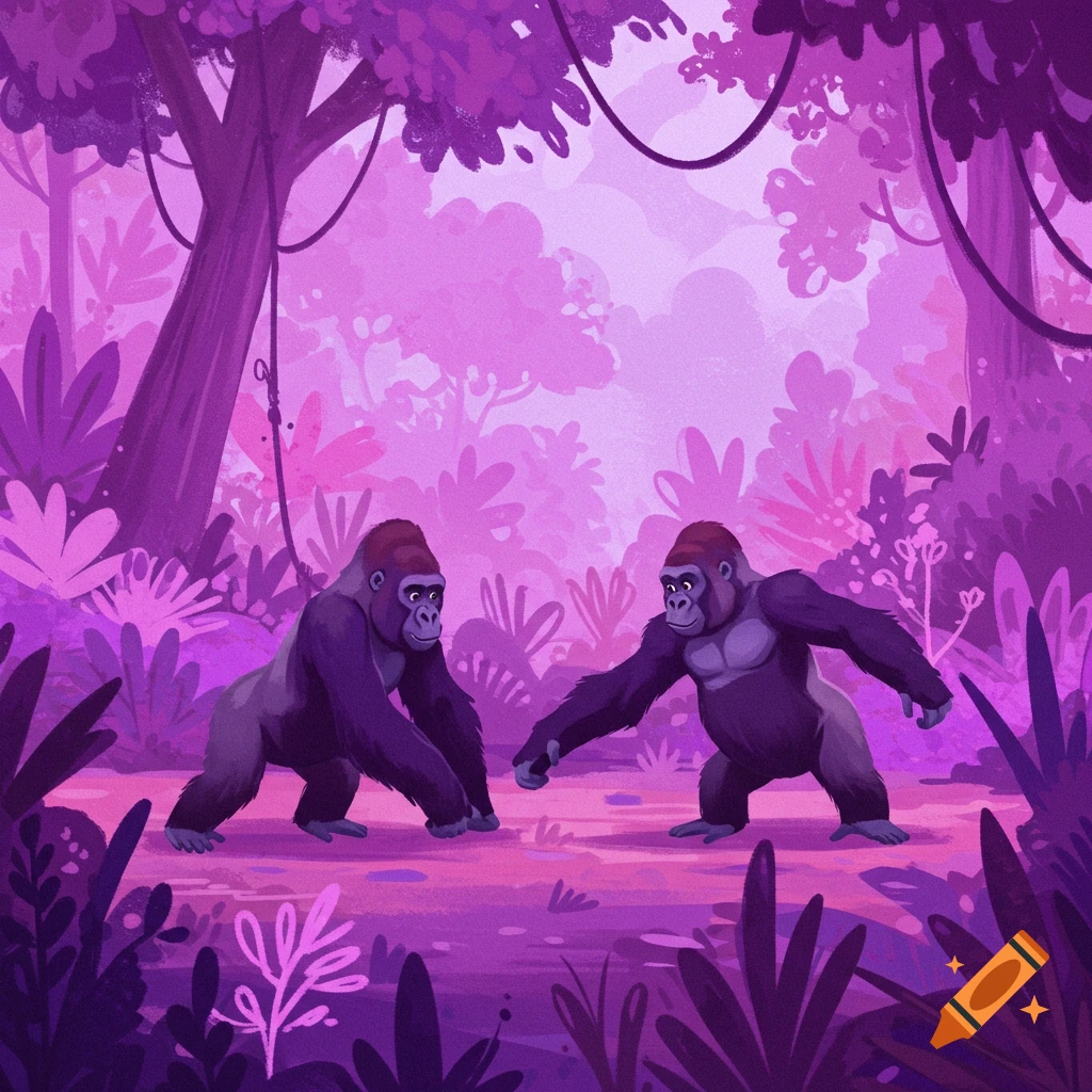 Two gorillas stand in a vibrant purple depiction of a jungle.