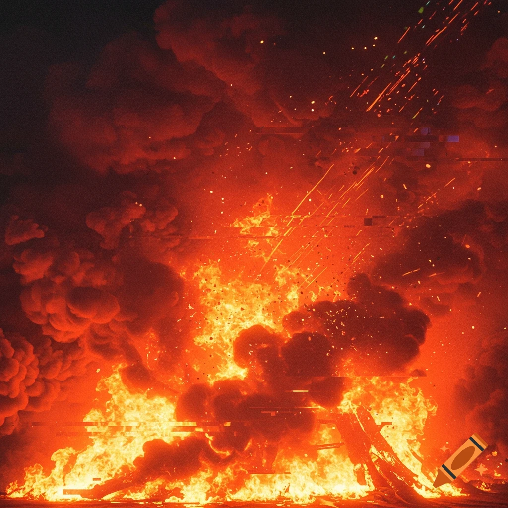 An intense depiction of pure chaos, fire, smoke, and glitching effects.