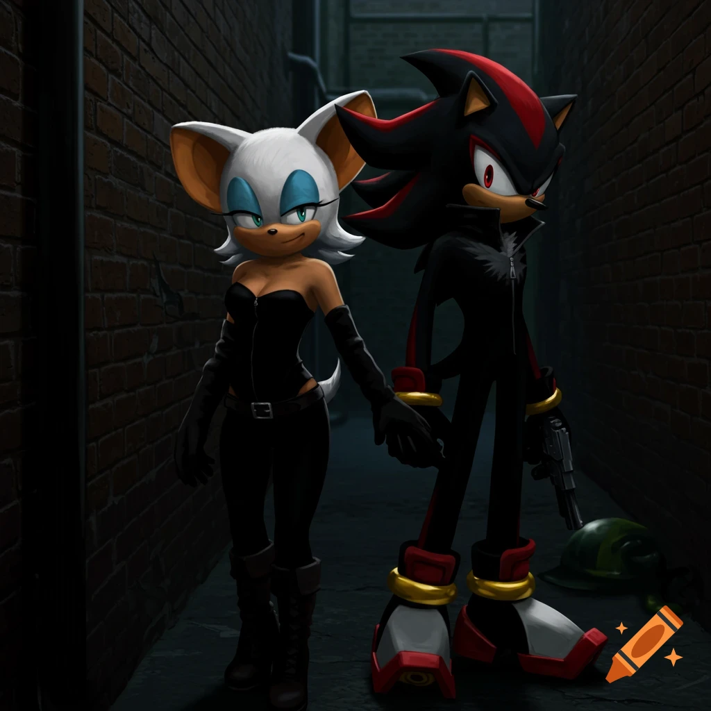 Rouge and Shadow in black clothes standing in a dark alley
