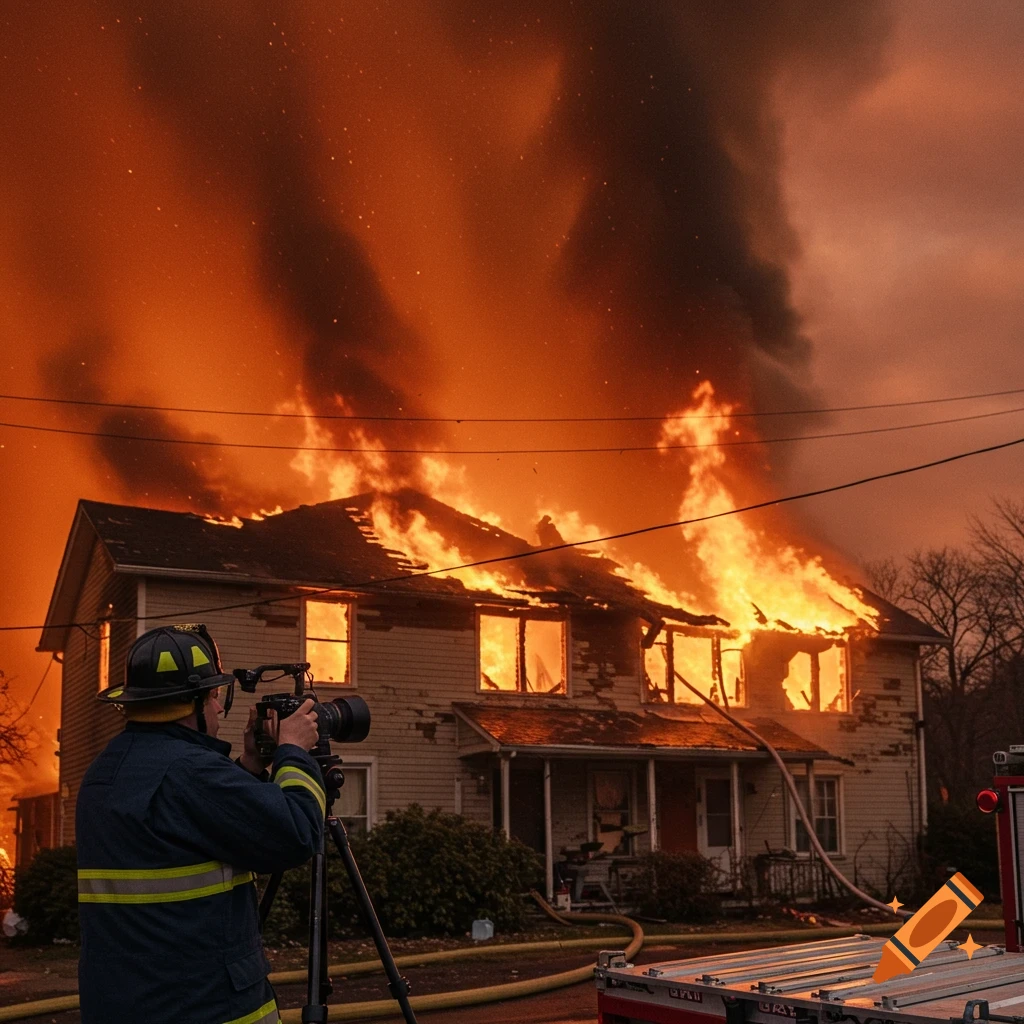 A firefighter photographs a large house engulfed in flames