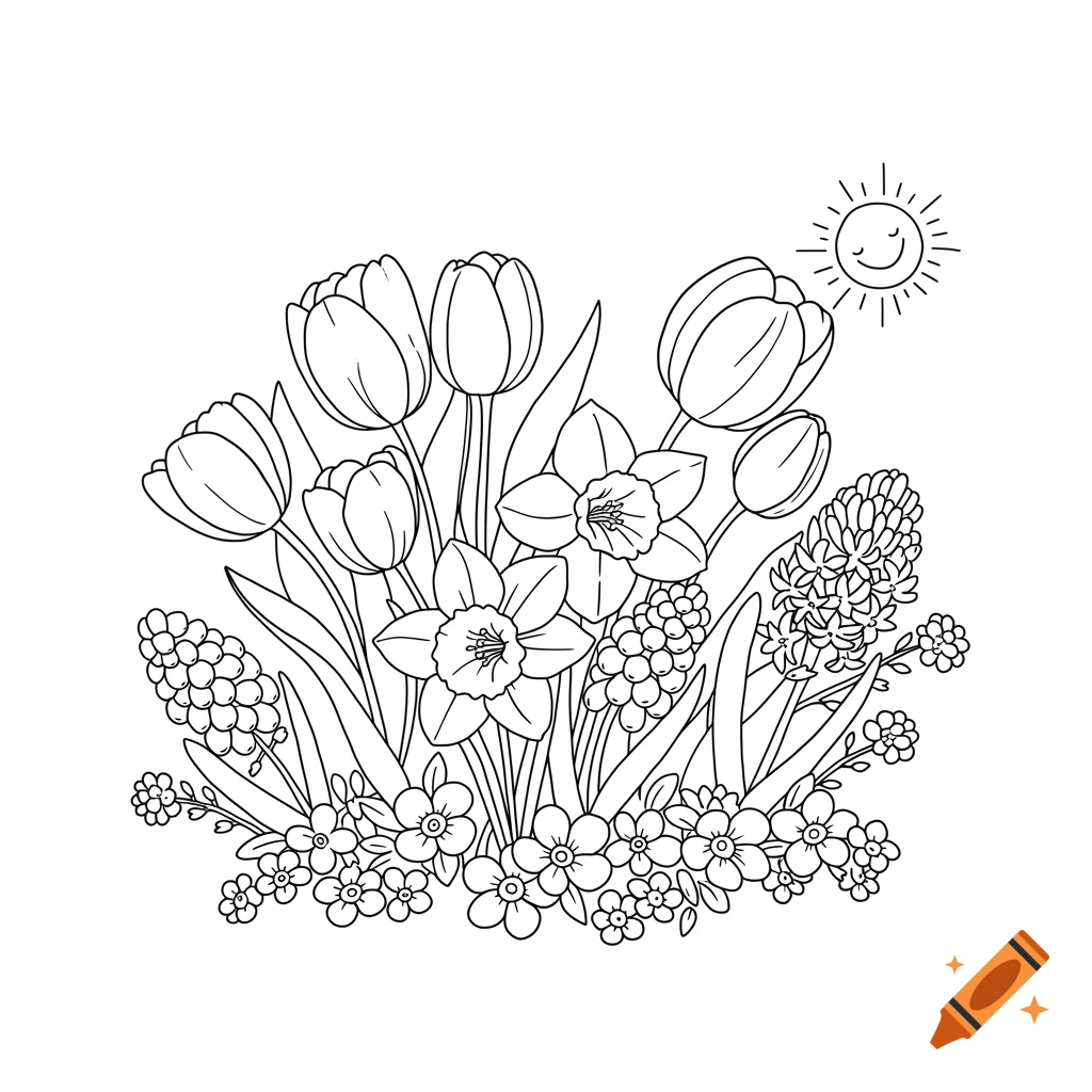 Line drawing of spring flowers including tulips, daffodils, and hyacinths, with a smiling sun.