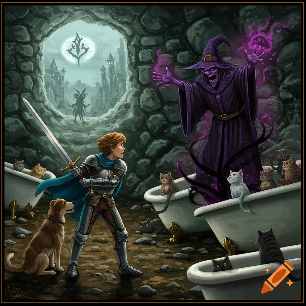 A young knight and dog face a dark wizard surrounded by bathtubs and cats in a stone cavern.
