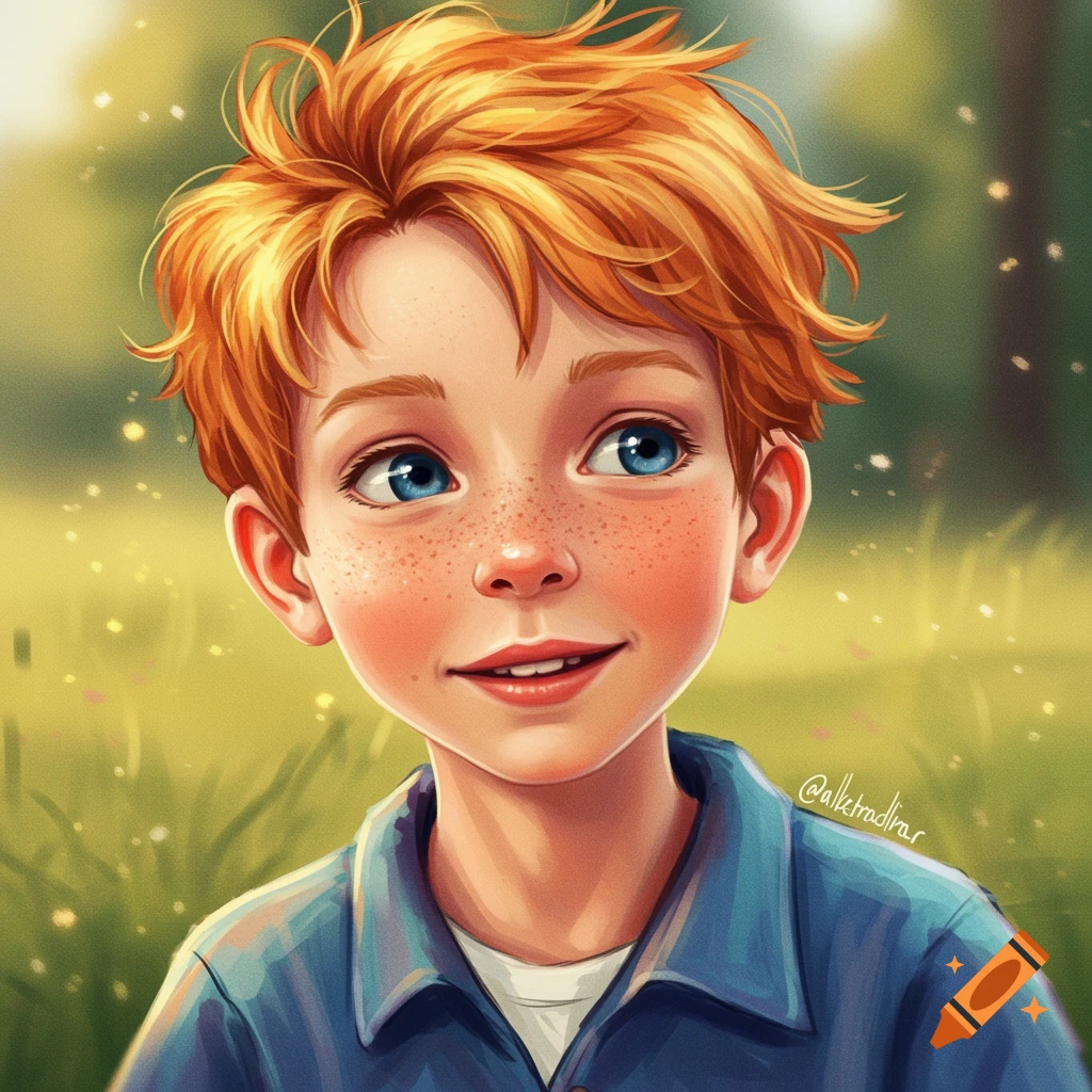 A young boy with red hair and blue eyes is smiling in a sunny field.