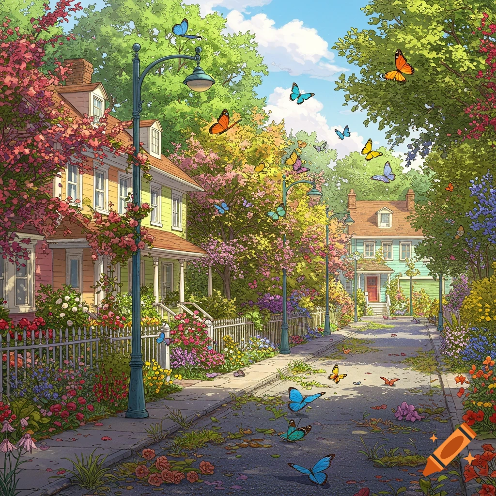 A sunny suburban street overflowing with flowers and butterflies