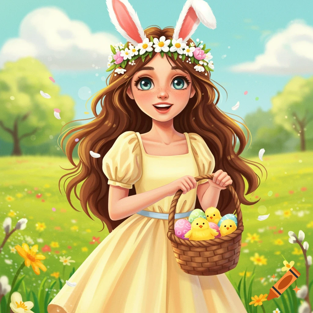 An illustration of a girl with bunny ears and a floral crown, holding a basket of Easter eggs and chicks in a meadow.