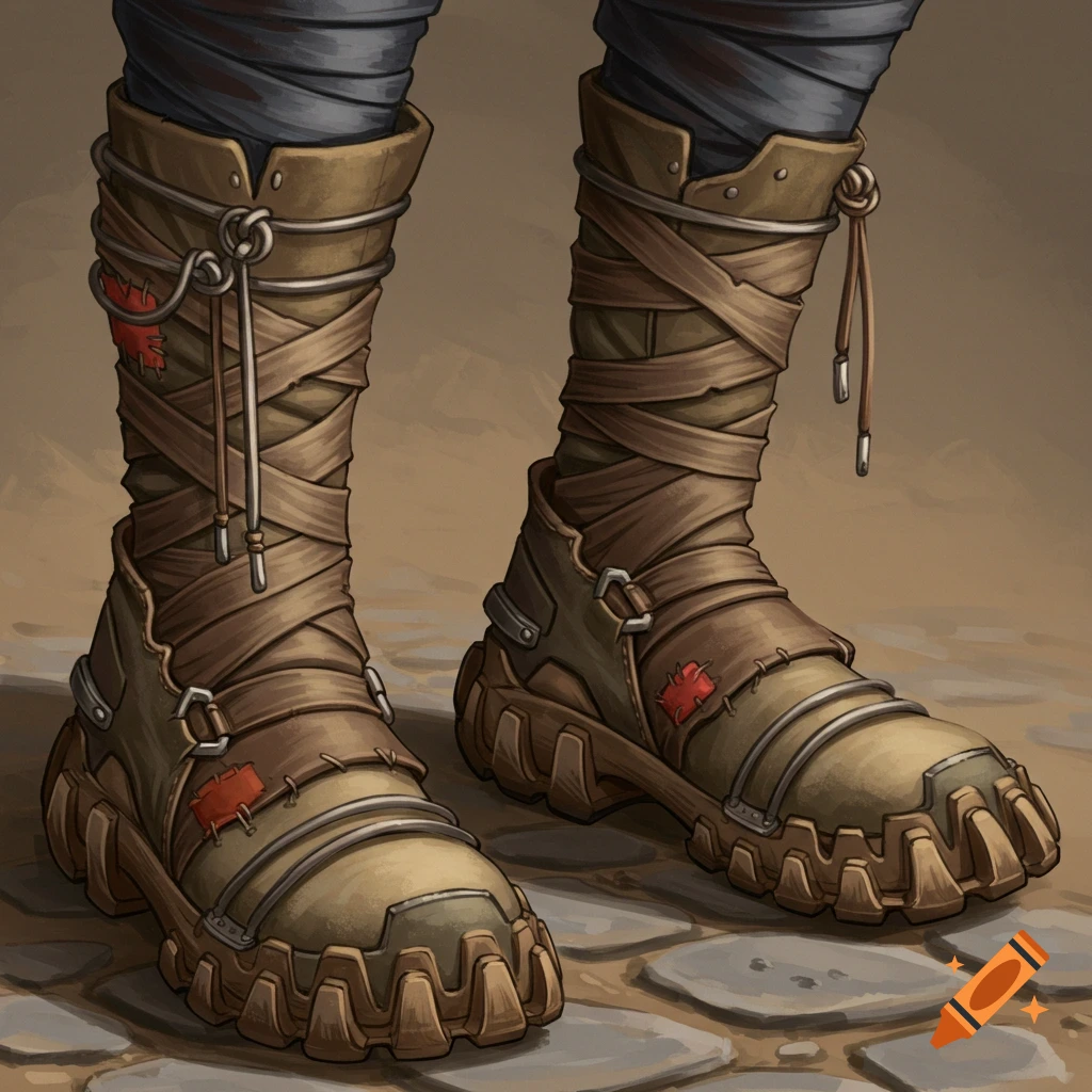 A pair of detailed, rugged fantasy boots with wraps and thick soles stand on a stone path.