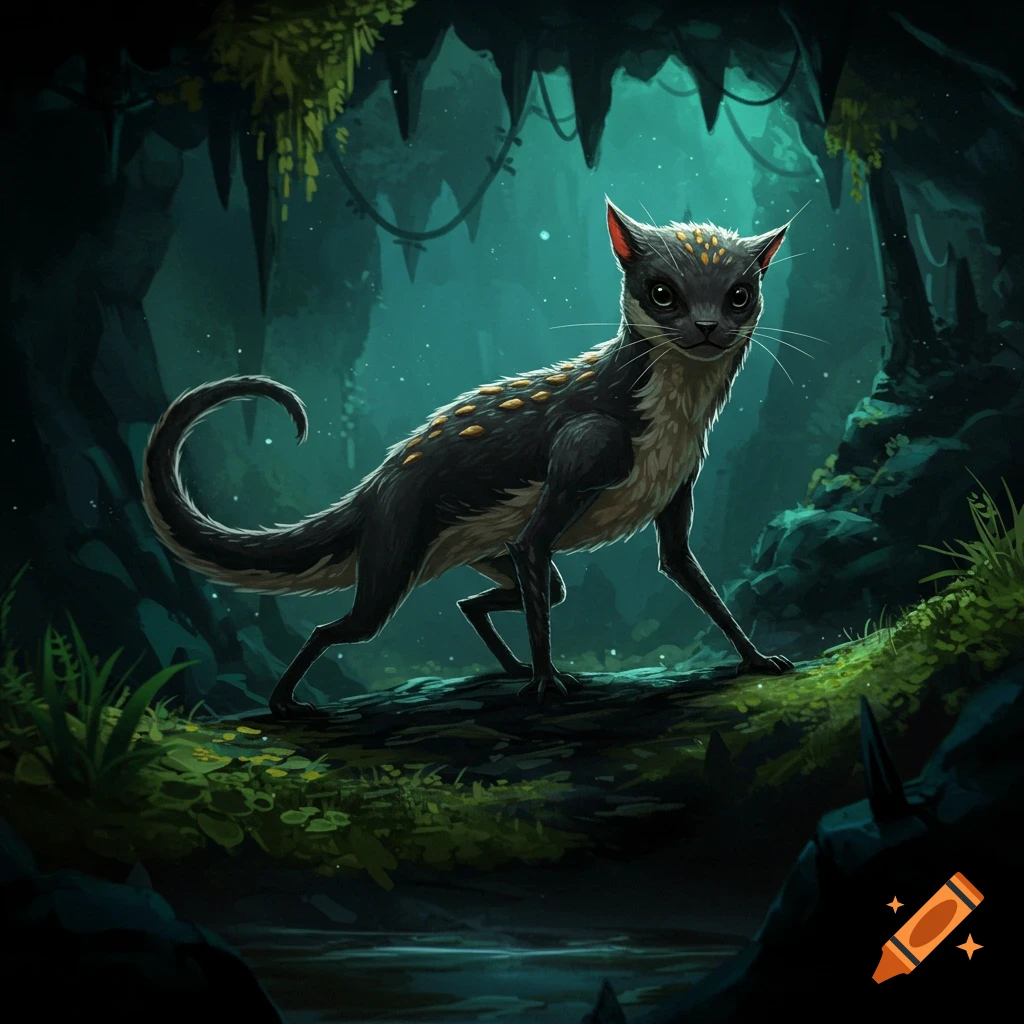 A creature resembling a cat with spotted fur and a long tail is in a dark, mossy cave.