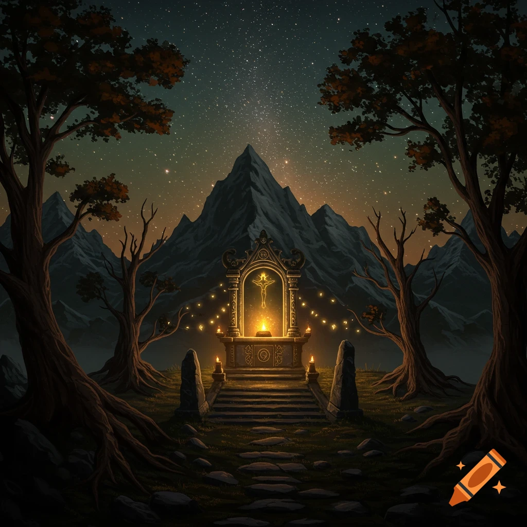 A fantasy alter in mountains under a starry night sky with trees.