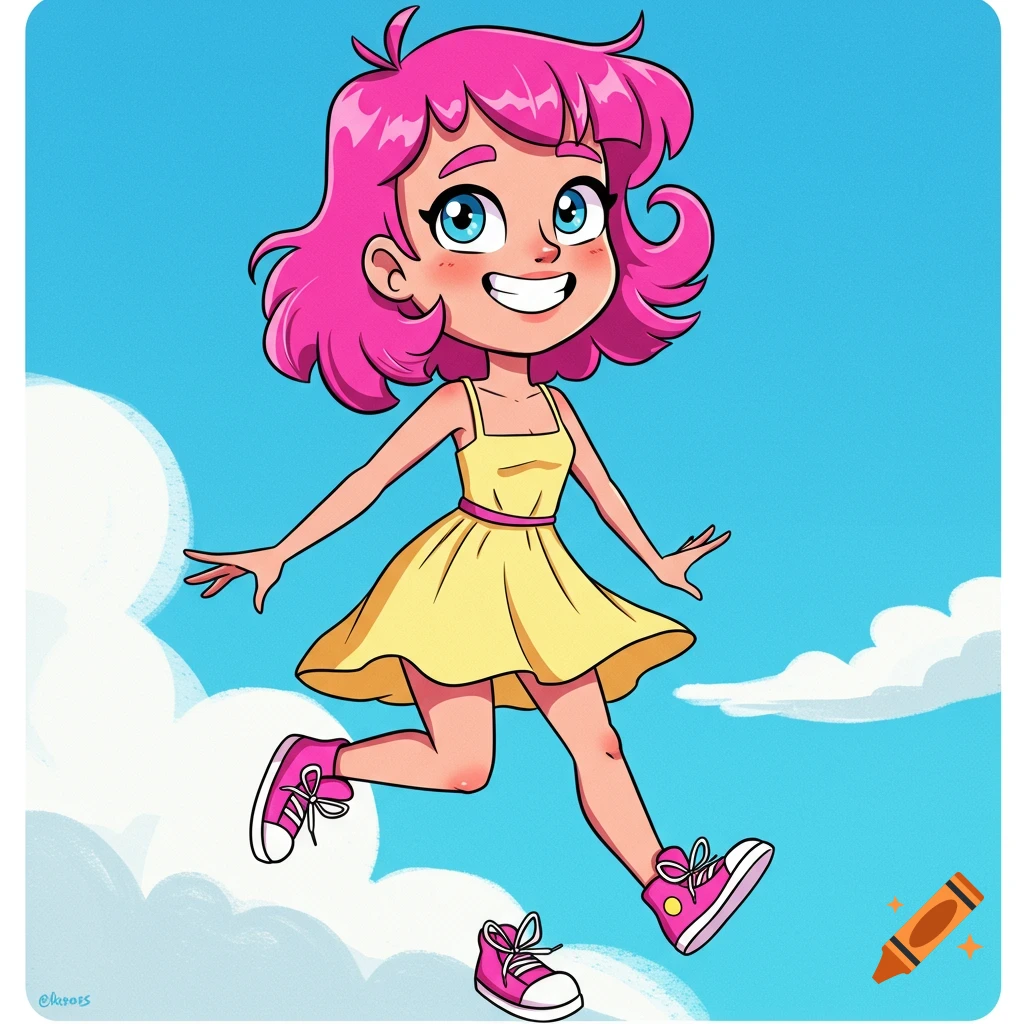 Cartoon girl with pink hair jumping in the sky.