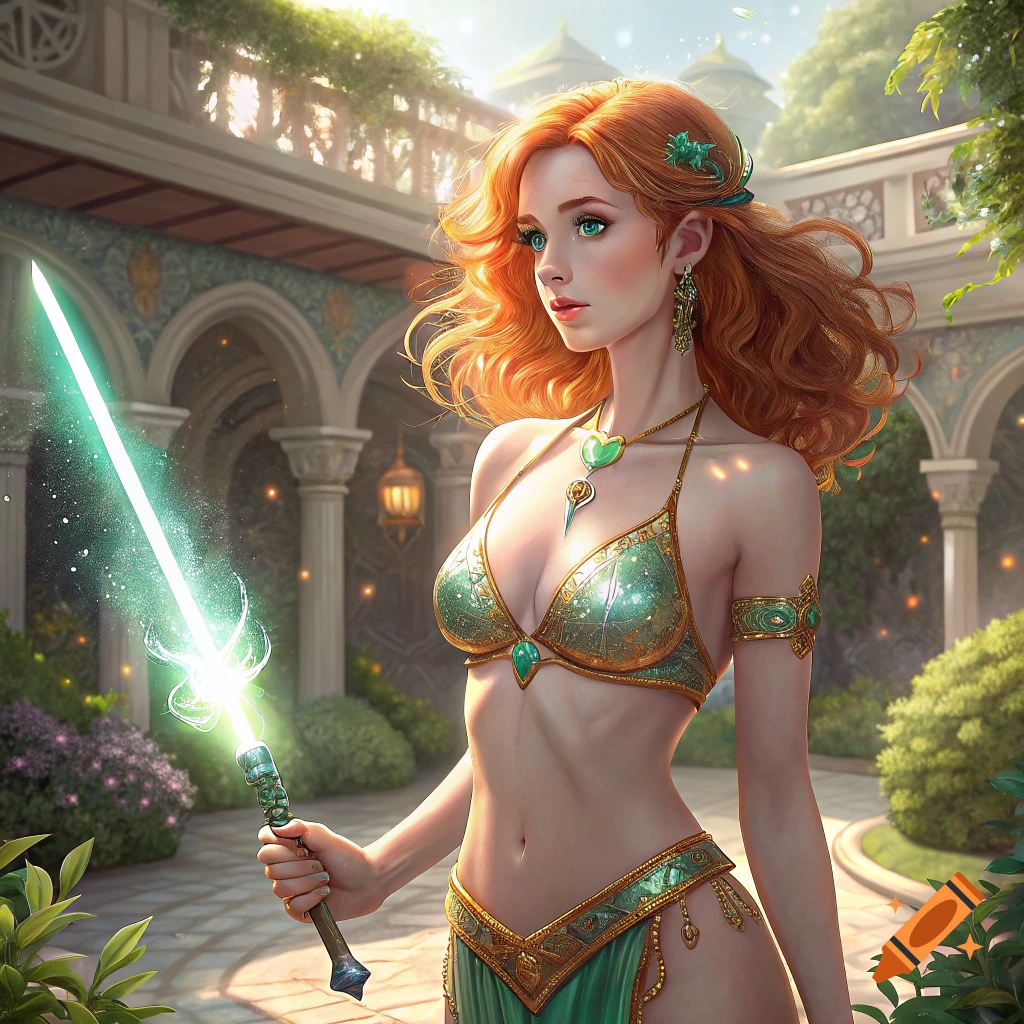 A fantasy woman with red hair, green eyes, and a jeweled bikini stands in a courtyard holding a glowing magic sword.