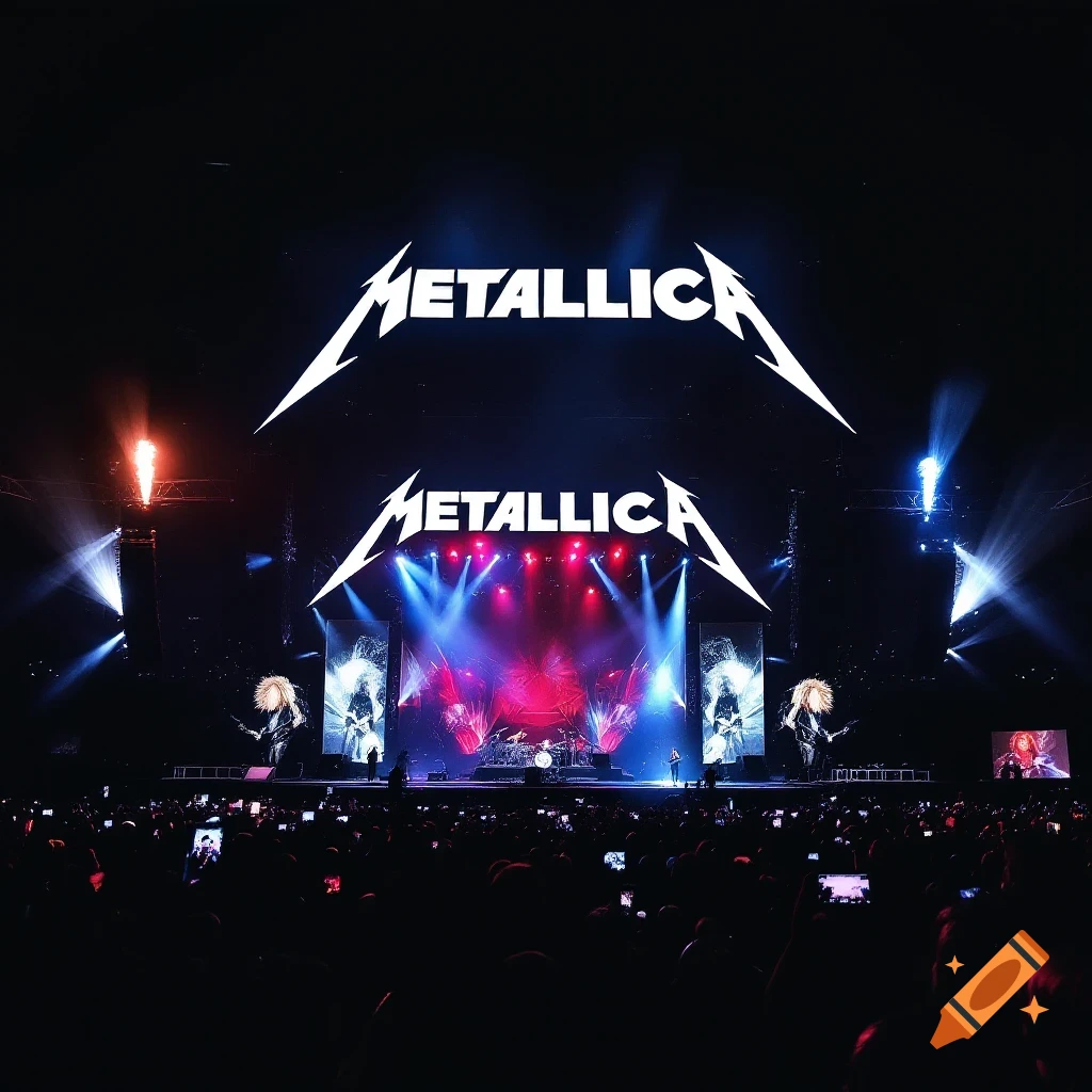 A view of a Metallica concert stage with the band's logo, bright lights, and a large crowd holding up phones.