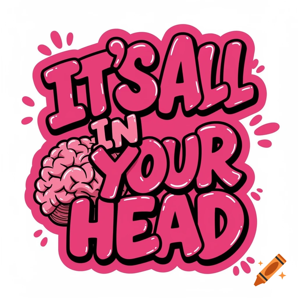Pink graphic sticker with a brain and the text 'It's all in your head'.