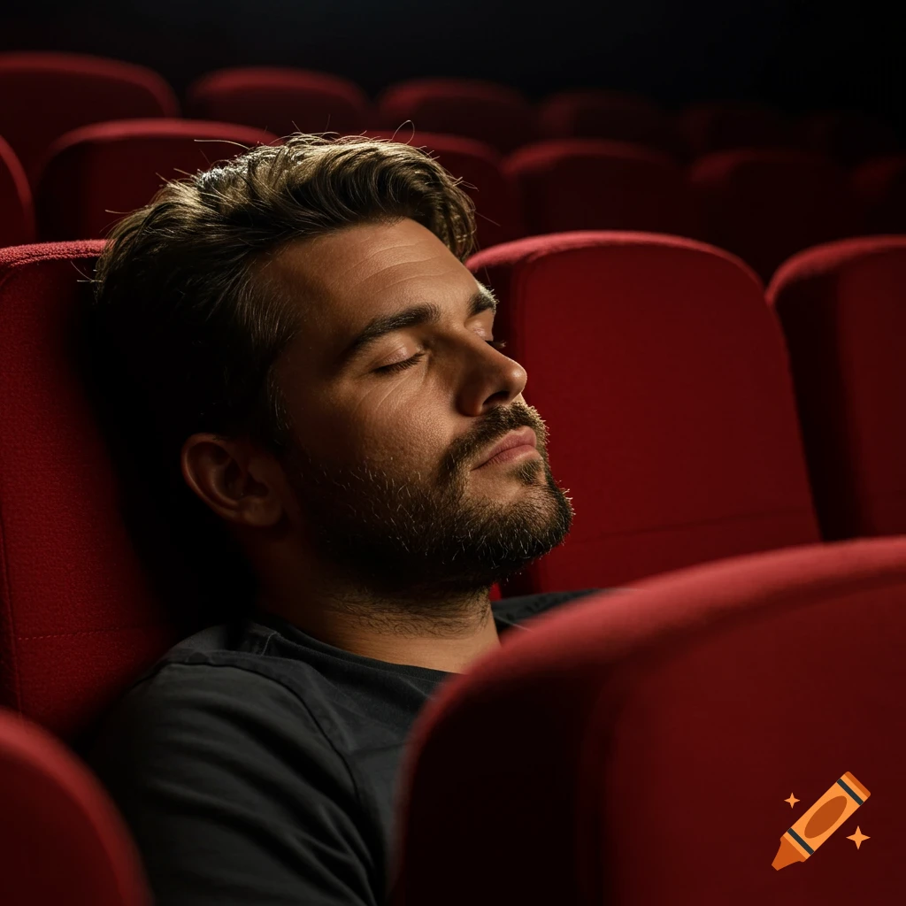 Close-up of a man sleeping in a red movie theater seat, lit from the side.