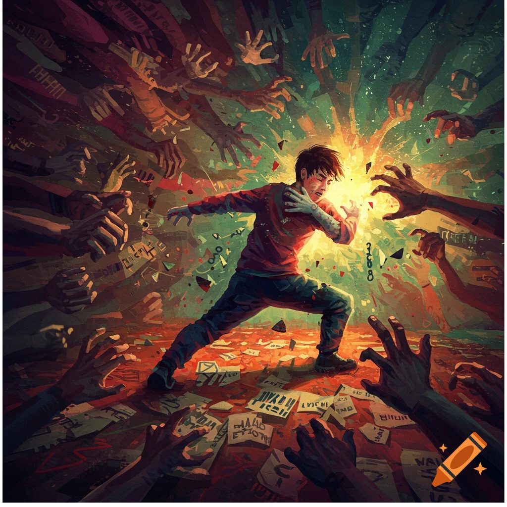 Digital illustration of a person struggling amidst many reaching hands, with chaotic elements.