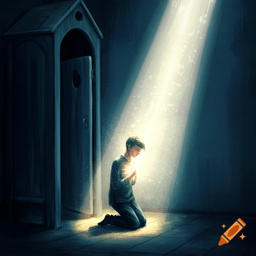 A person kneels in a dark room, illuminated by a bright beam of light from above near an open door.