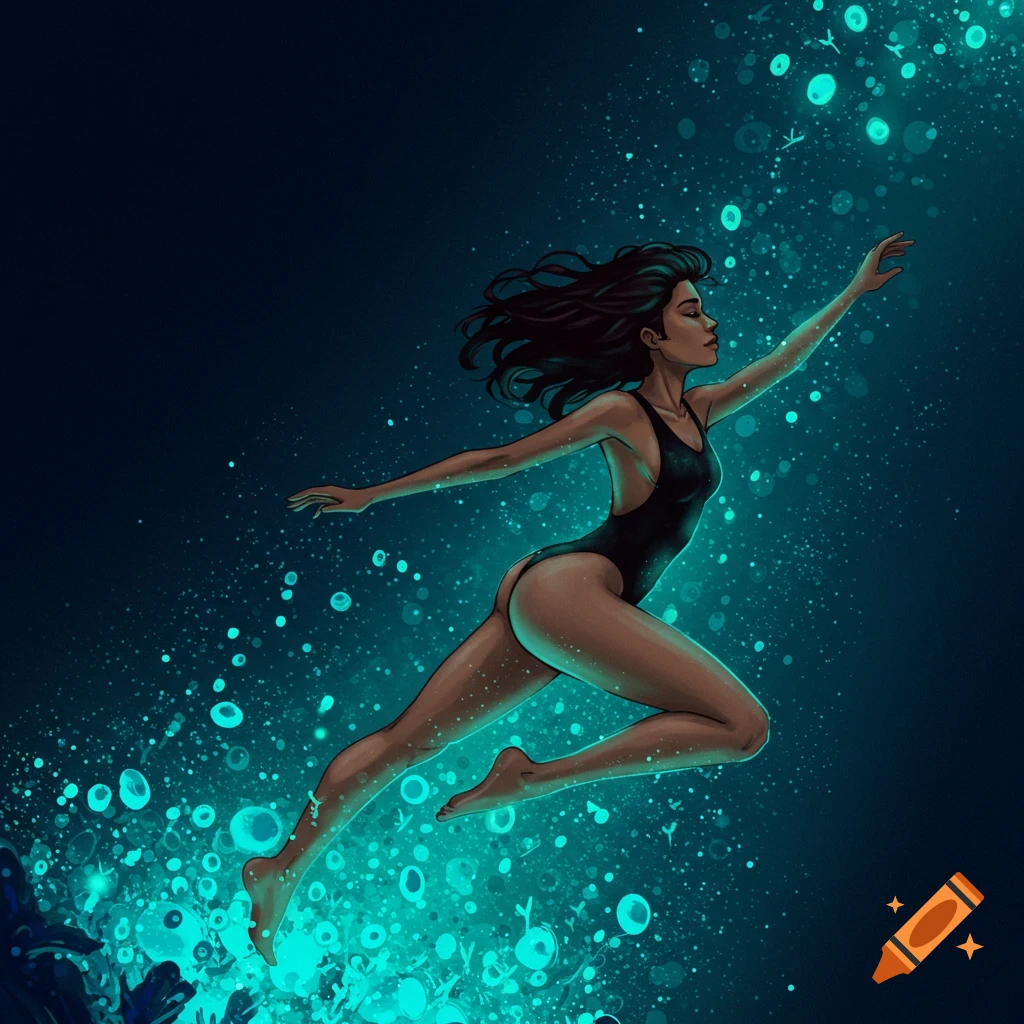 Woman in a black swimsuit swimming in dark water with bioluminescence.