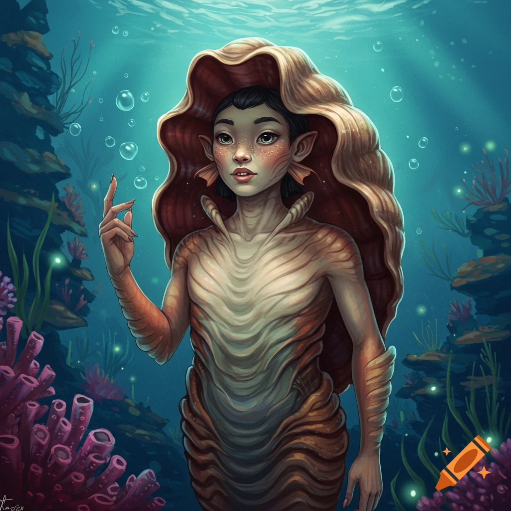 Painting of an Asian clam person underwater.