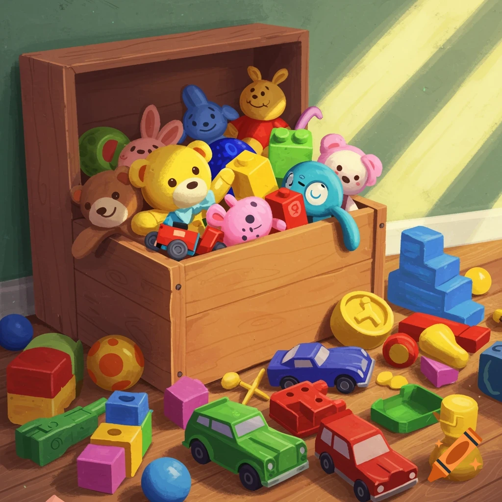 Wooden toy box overflowing with stuffed animals, blocks, and cars on the floor.