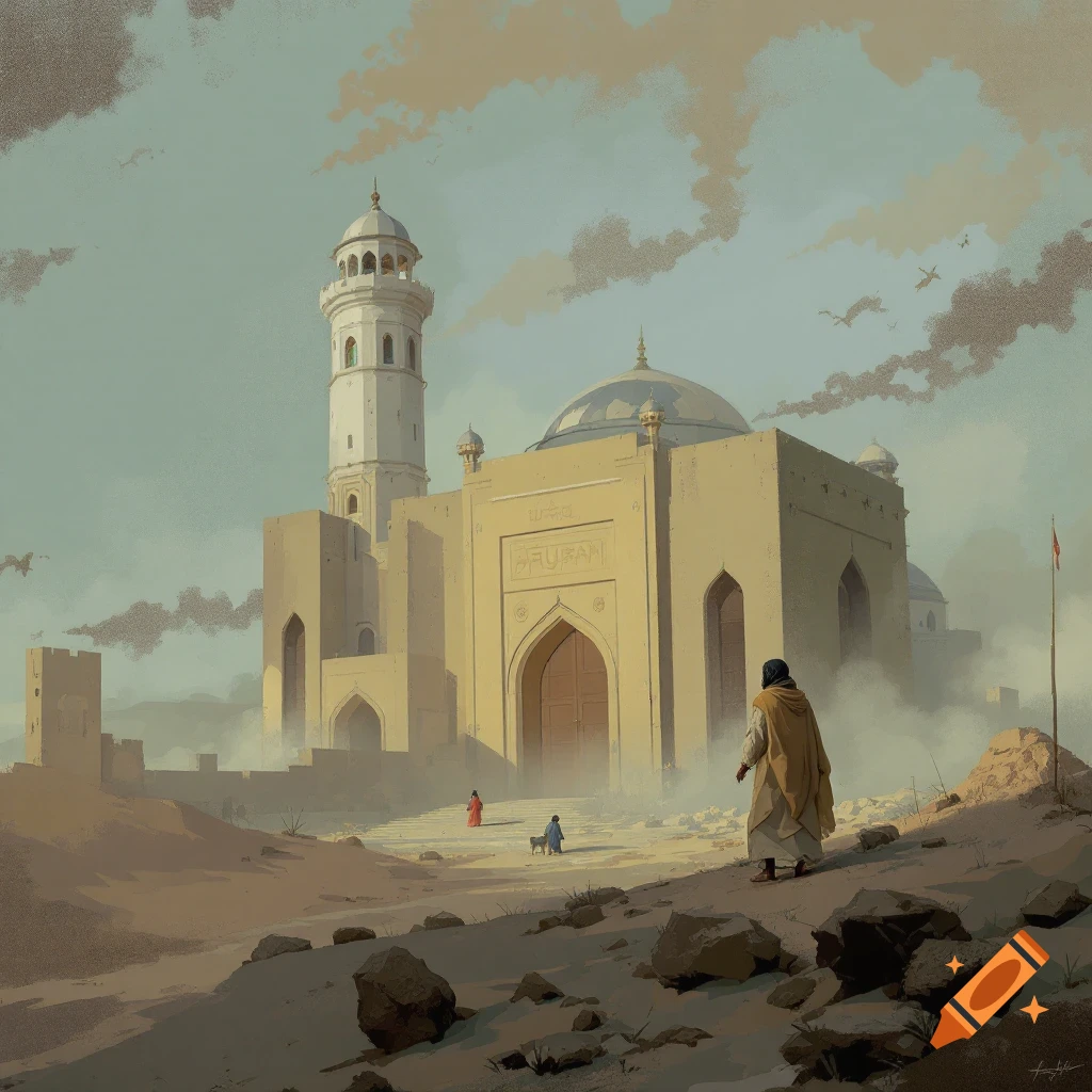 Mosque-like building in a desert landscape with figures