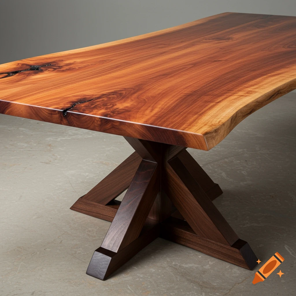 Live edge wooden table with dark walnut trestle base