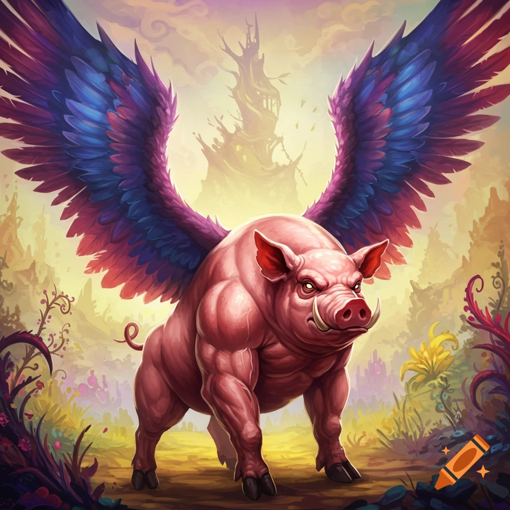 A muscular pink pig with large, colorful wings stands in a stylized fantasy landscape with a tall structure in the background.