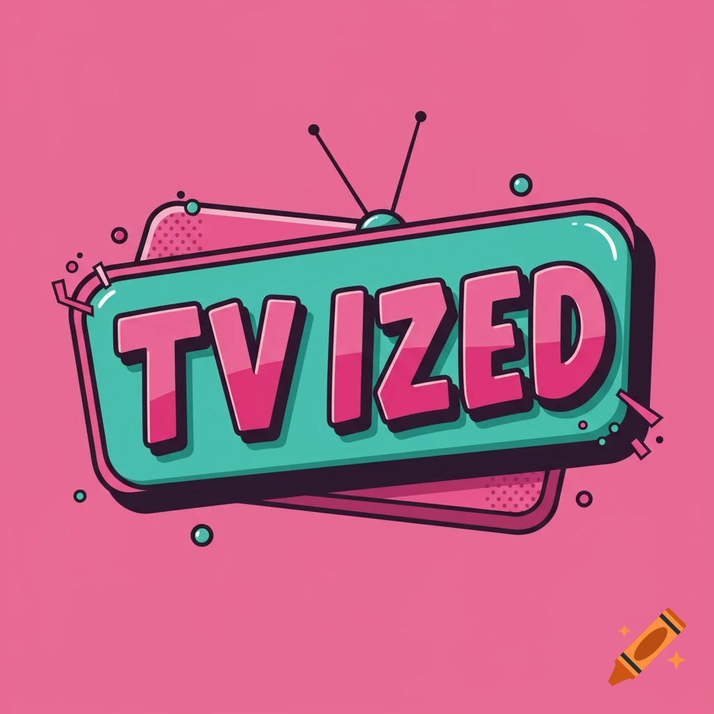 A cartoon logo in 80s pop art style features a stylized TV with antennas and the text 'TV IZED' in pink and teal.