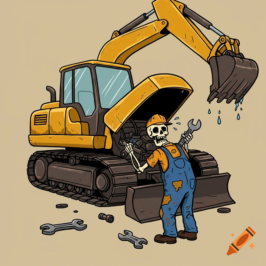 A cartoon skeleton in overalls works on a yellow excavator engine with a wrench.