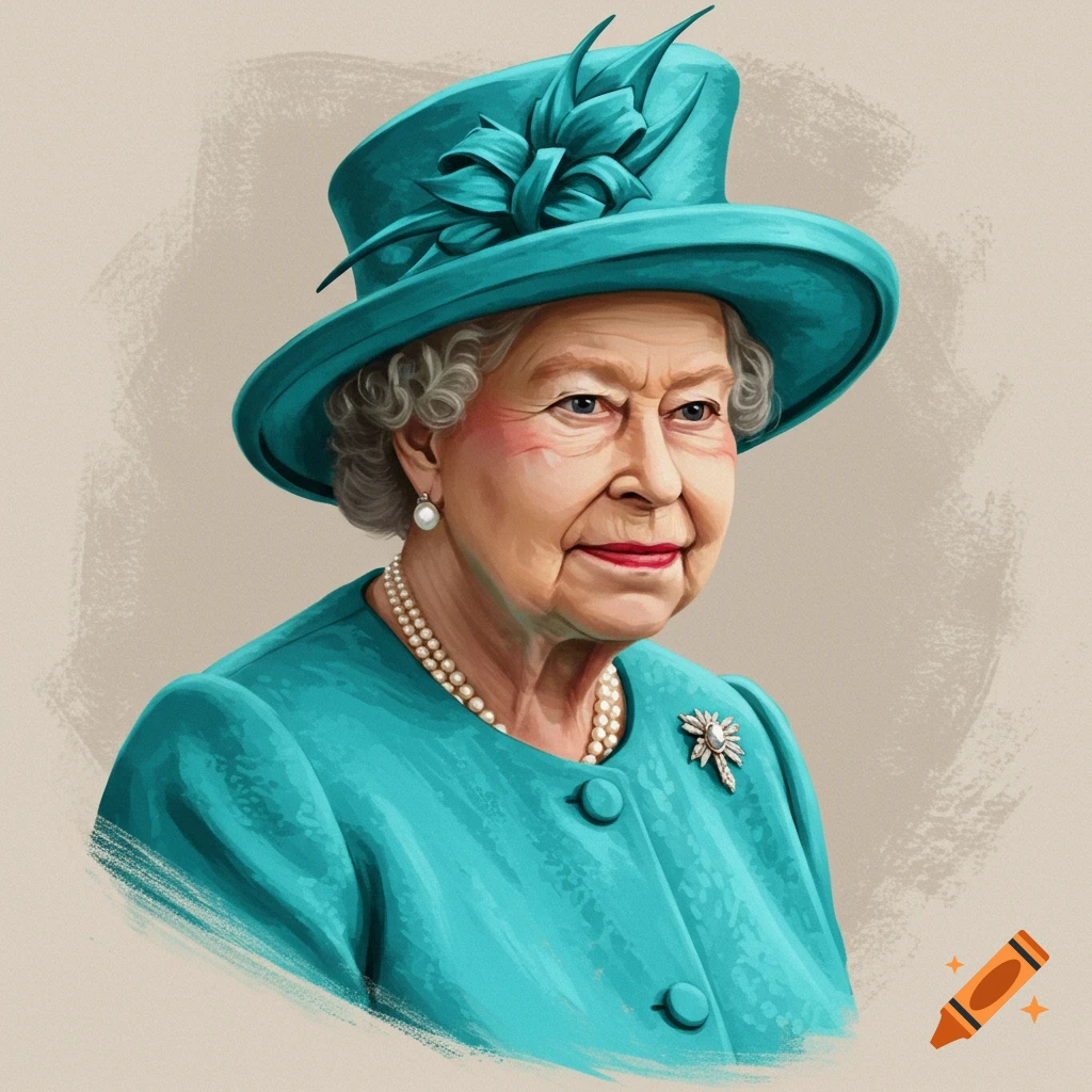 A portrait of Queen Elizabeth II in a teal hat and jacket.