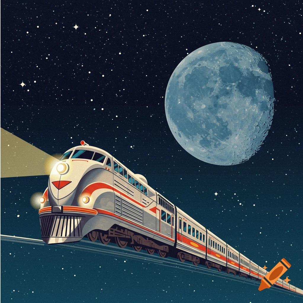 Art deco train flying through starry space towards the moon.