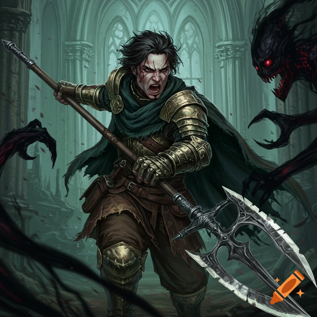 A fantasy warrior with a poleblade is fighting shadow monsters in a ruined building.