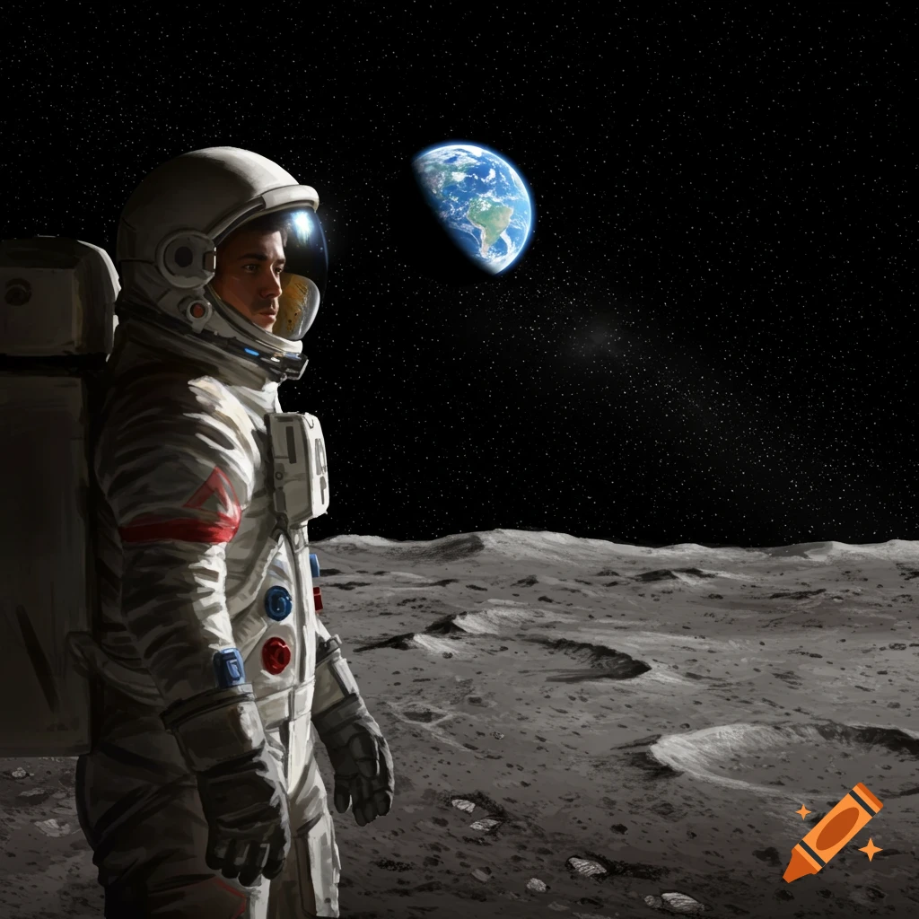 An astronaut on the moon looking at Earth.