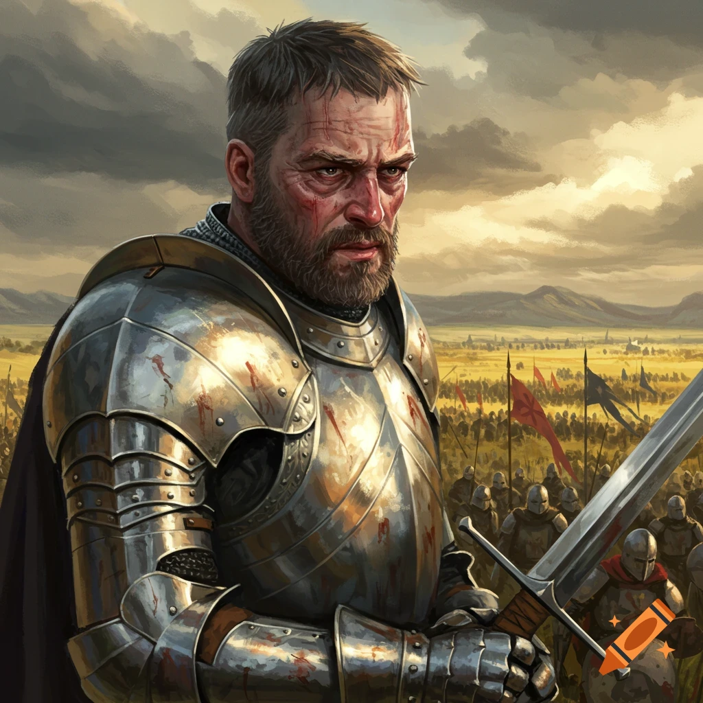 A battle-hardened knight holding a sword in front of an army.