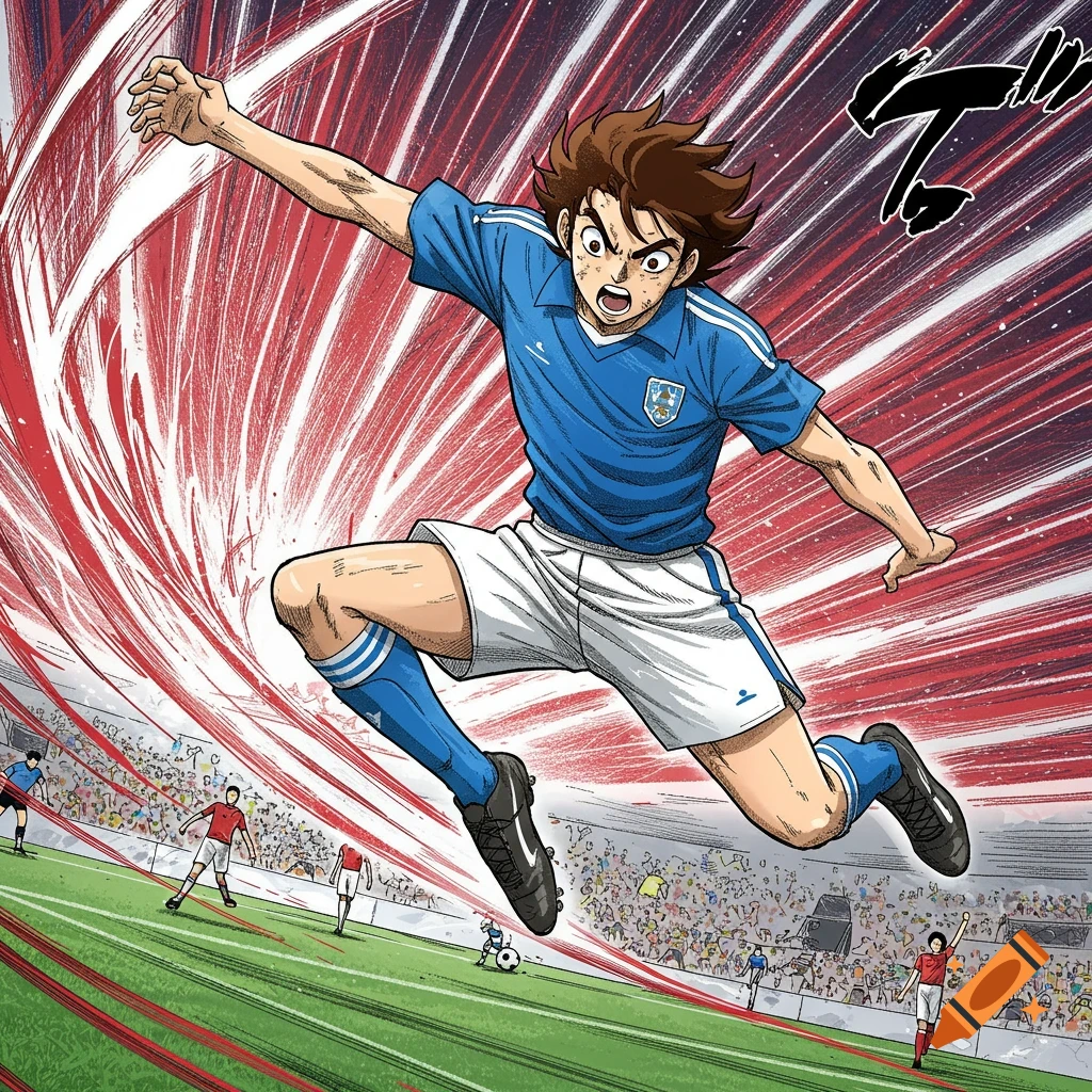 Manga style illustration of a soccer player leaping to kick a ball in a stadium.