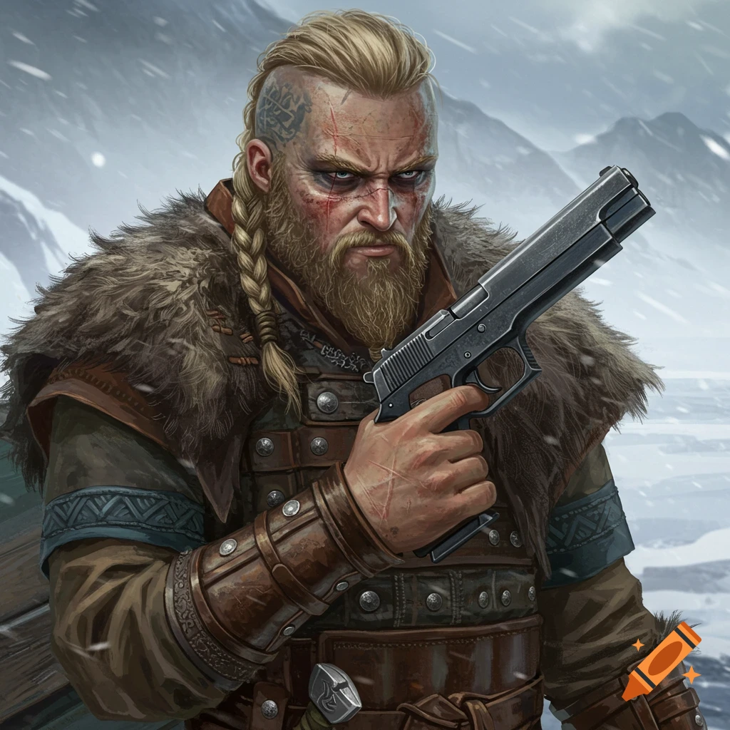 A fierce viking with a braided beard holds a handgun in a snowy landscape.
