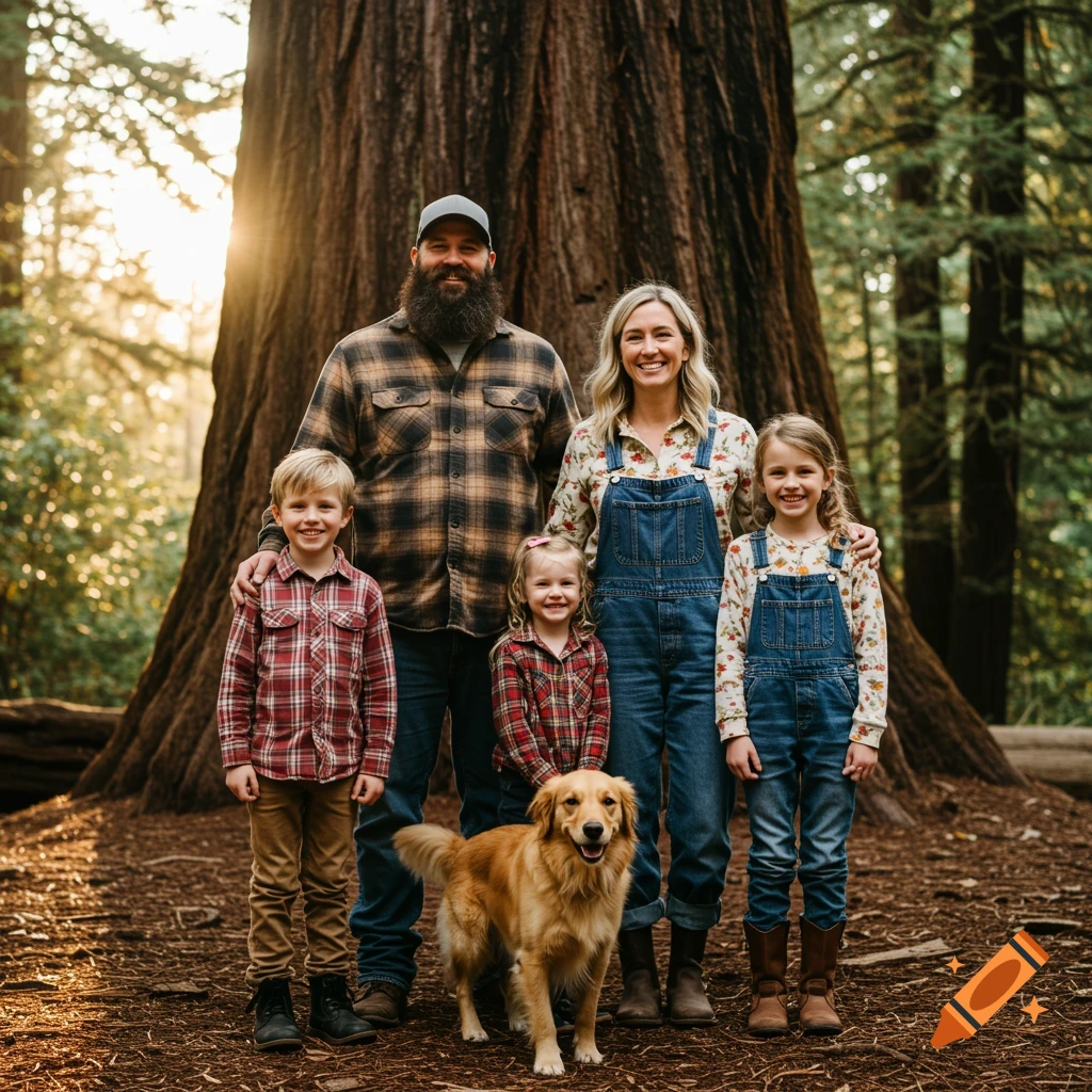 Family portrait with children and dog in a sunlit forest