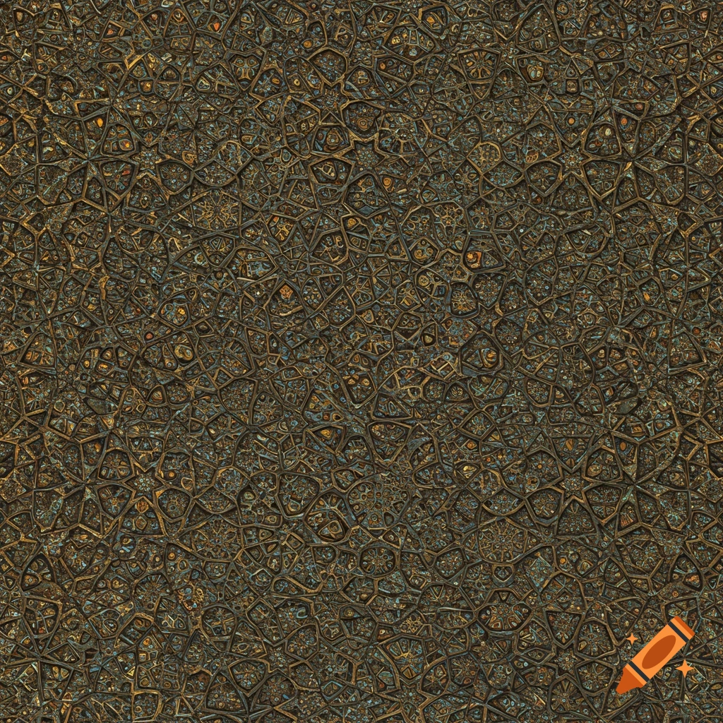 Intricate seamless geometric pattern with a metallic texture in brown, gold, and blue tones.