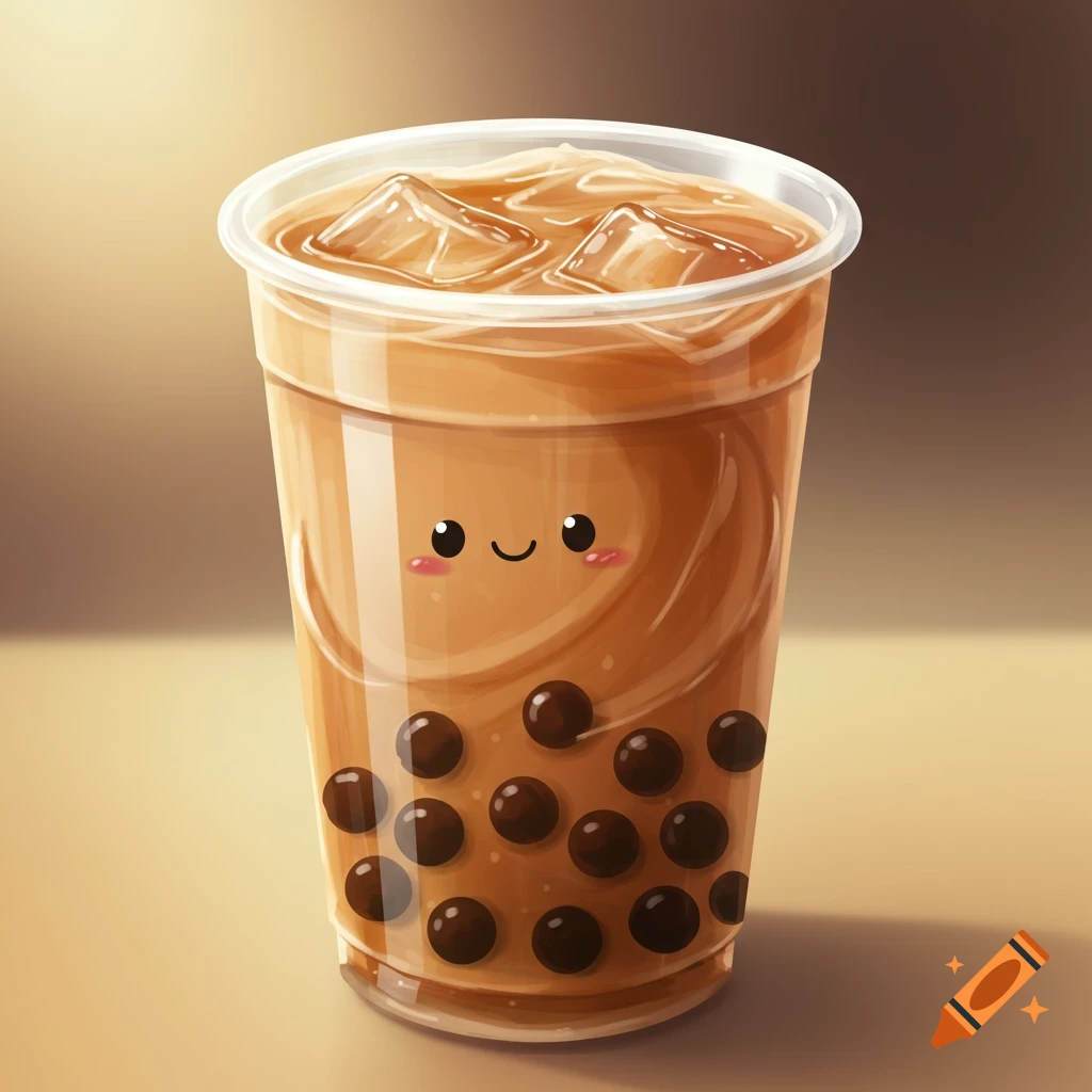 Cute illustrated boba tea drink with a face.