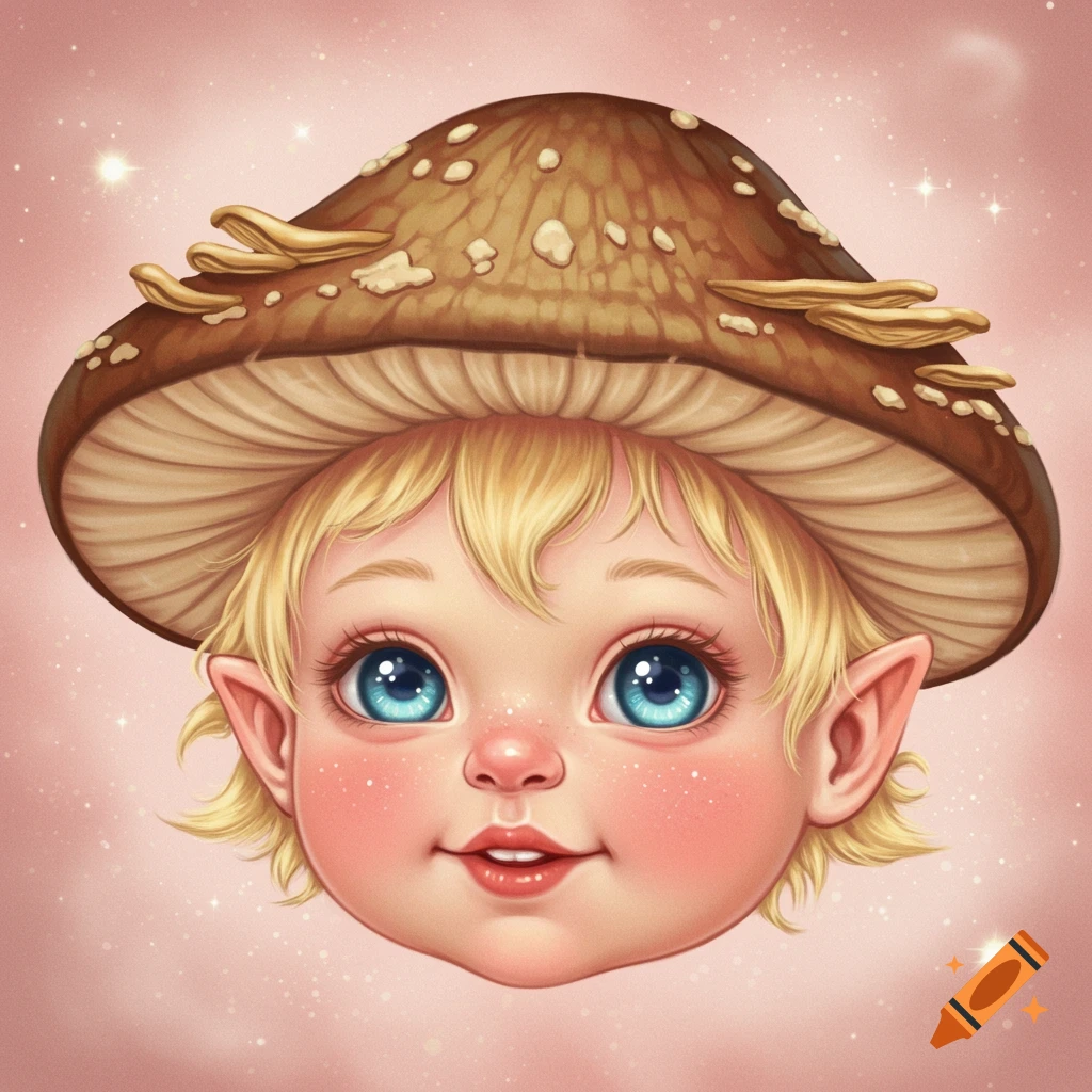 A baby fairy face wearing a mushroom cap.