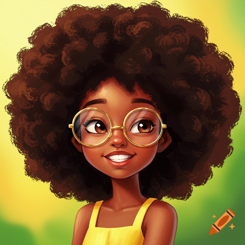 A girl with glasses and a large afro hairstyle.