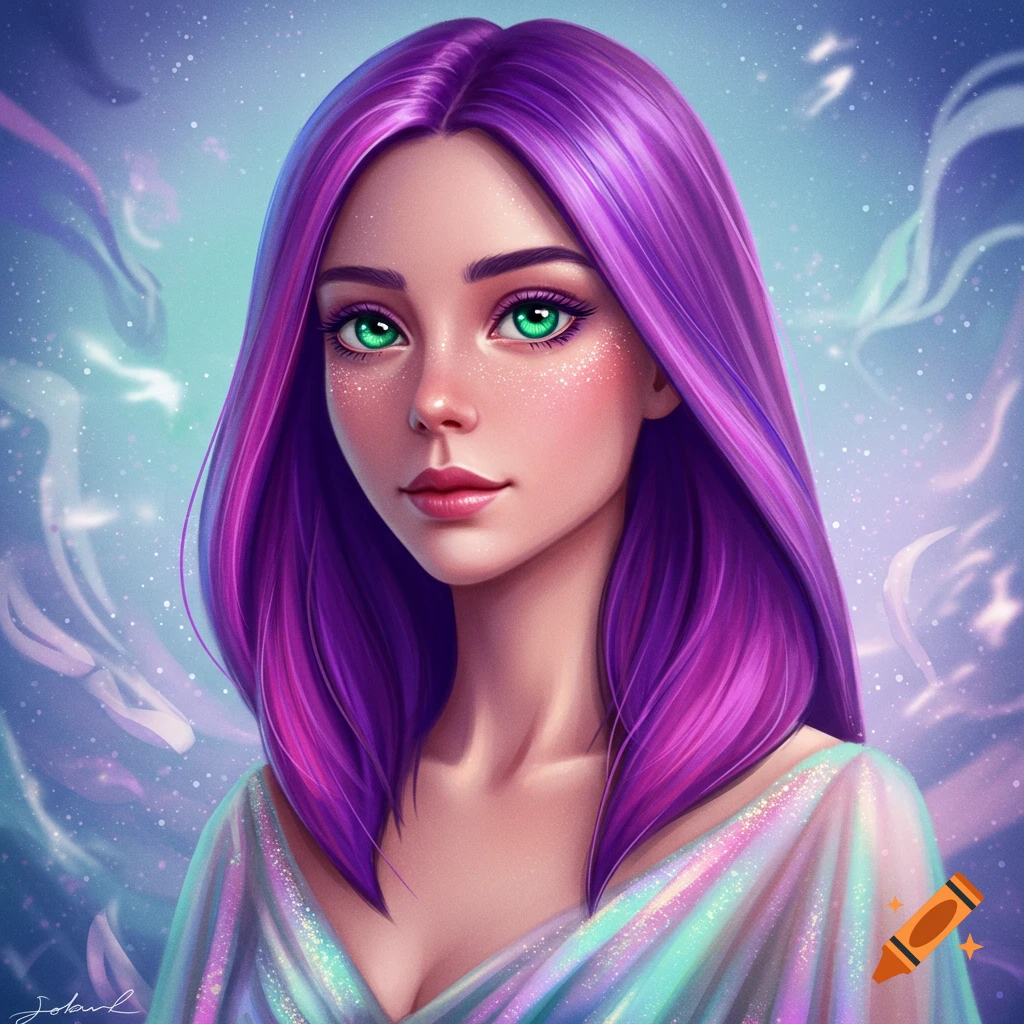 Portrait of a young woman with long purple hair and bright green eyes, wearing a shimmering dress against a glowing, ethereal background.