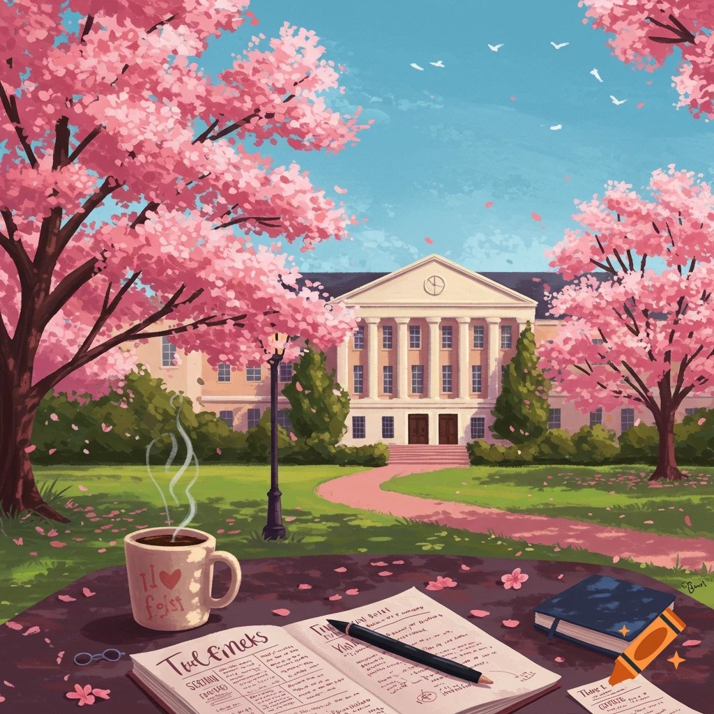 A coffee cup and open notebook rest on a table, with cherry blossom trees and a campus building in the background.