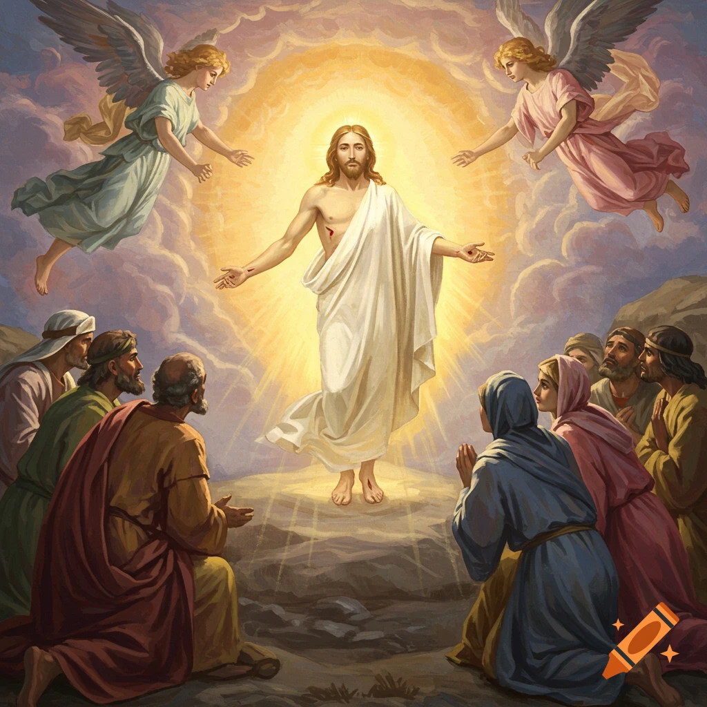 Painting of Jesus ascending with angels and disciples below, surrounded by bright light.