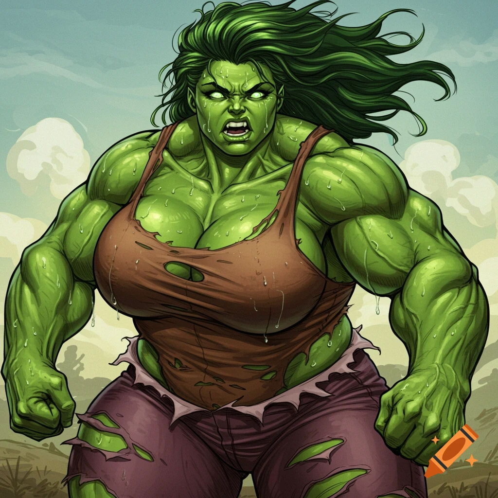 A muscular green-skinned female character in torn clothes in a dynamic pose, comic book art style.