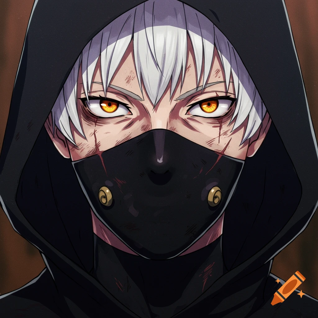 Anime portrait of character with white hair, orange eyes, scars, black mask and hood