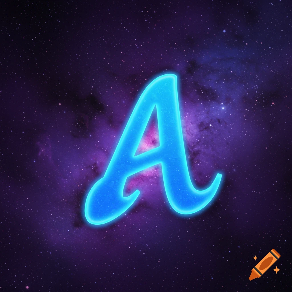 Glowing blue letter A against a starry space background.