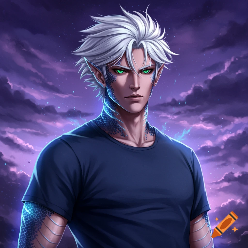 Anime style illustration of a half-dragon man with white hair and green eyes against a stormy sky.