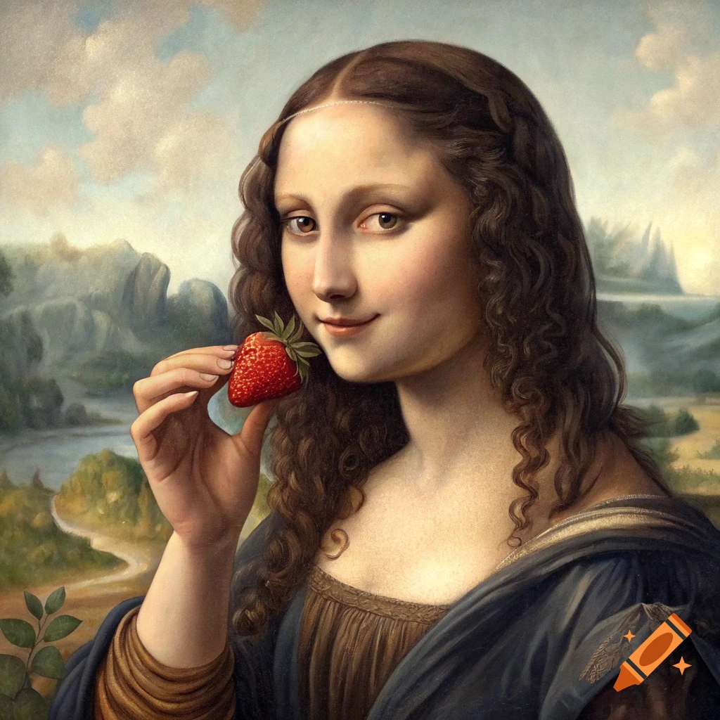 Painting of the Mona Lisa holding and eating a strawberry.