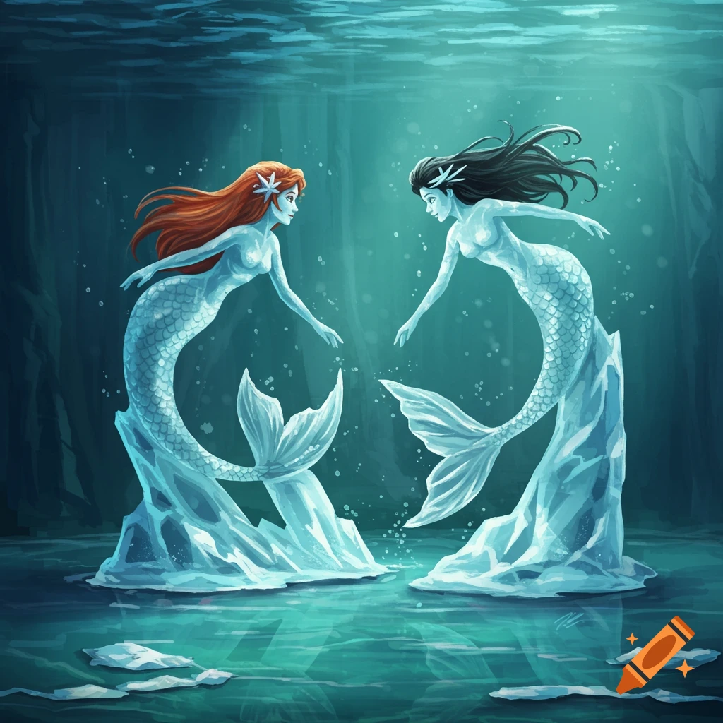 Two mermaids in ice sculptures underwater