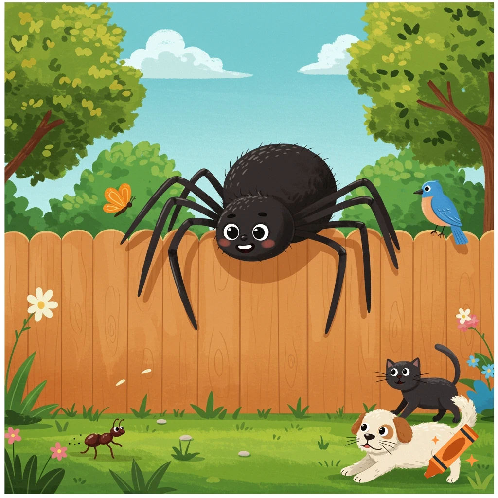 Friendly cartoon spider on a fence in a backyard with a cat, dog, bird, ant, and butterfly.